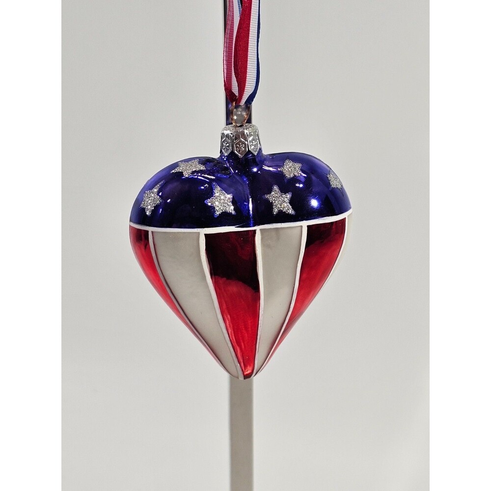 VTG Poland Blown Glass Christmas Ornament United States USA Flag Heart Patriotic